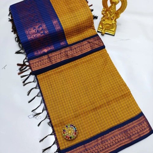 Blue and Mustard Cotton Checked Printed Saree