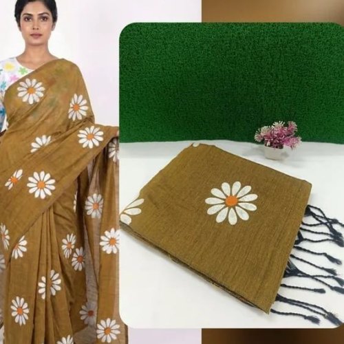 Brown and White Pure Khadi Cotton Printed Saree