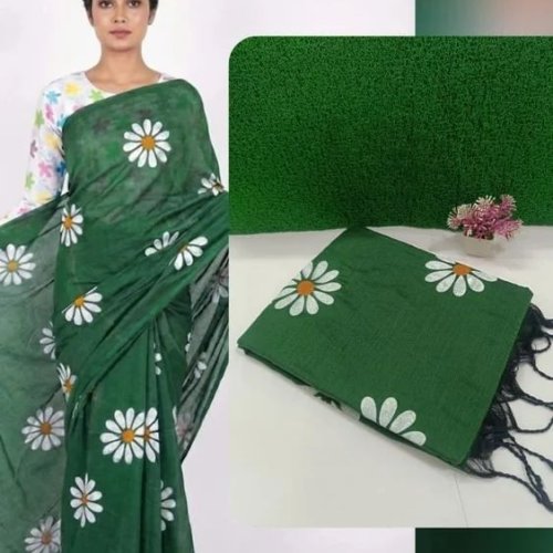 Dark Green Pure Khadi Cotton Printed Saree