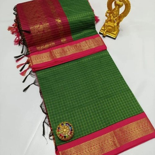Green and Pink Cotton Saree with Traditional Checked Design