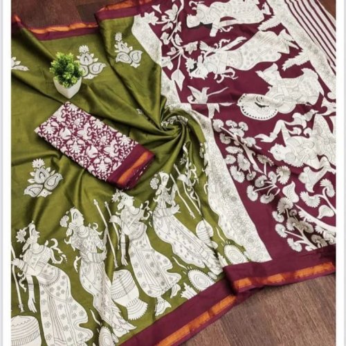 Green and Red Mangalagiri Cotton Printed Saree