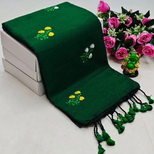 Green Hand Embroidered Khadi Cotton Saree