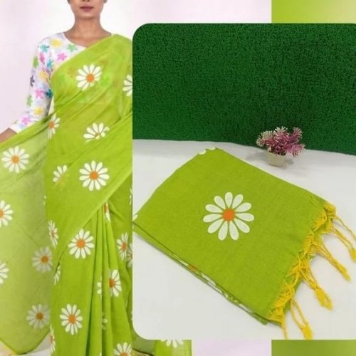Green Handspun Pure Khadi Cotton Printed Saree