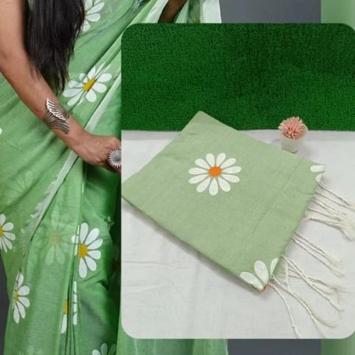 Green Soft Pure Khadi Cotton Printed Saree
