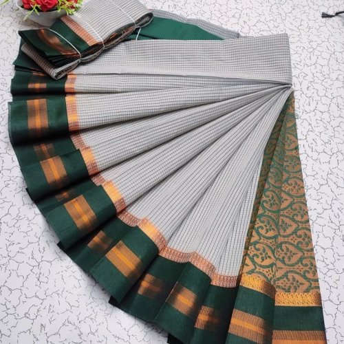 Grey and Green Classic South Indian Kanjivaram Silk Cotton Saree
