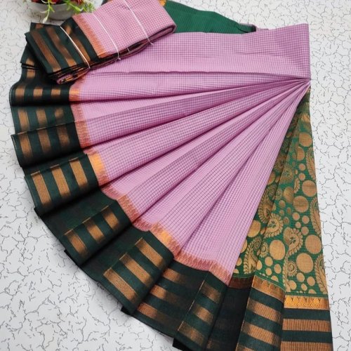 Handcrafted Pink and Green Kanjivaram Pattern Silk Cotton Sarees