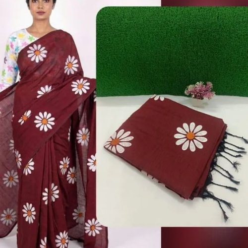 Maroon Floral Printed Pure Khadi Cotton Saree