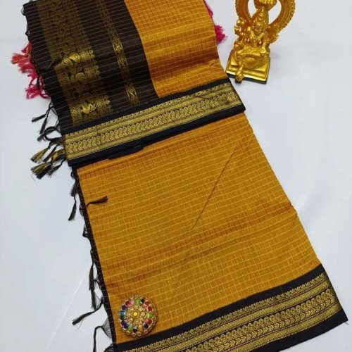 Mustard Yellow and Black Cotton Checked Printed Saree