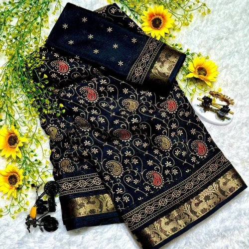 Navy Blue Handloom Style Kalamkari Cotton Saree