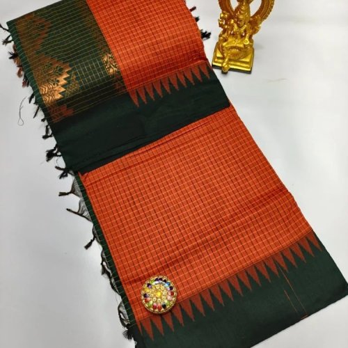 Oragne and Green Cotton Checked Printed Saree