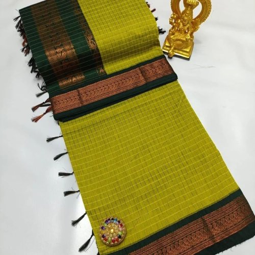 Parrot Green Cotton Saree with Soft Checked Print