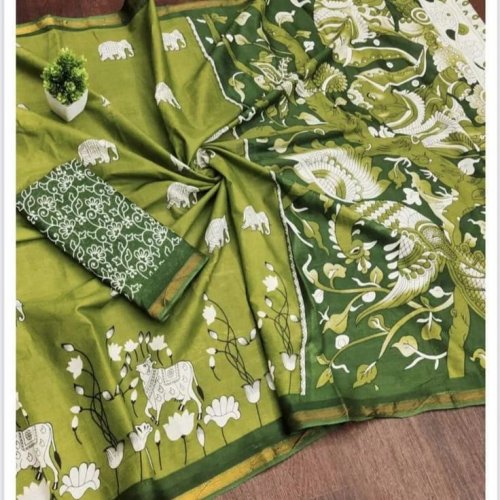 Parrot Green Mangalagiri Cotton Printed Saree