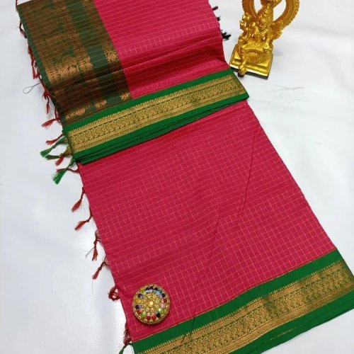 Pink and Green Cotton Checked Printed Saree with Traditional Charm