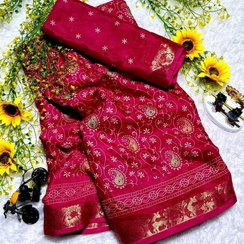 Premium Dark Pink Kalamkari Printed Cotton Saree with Rich Border