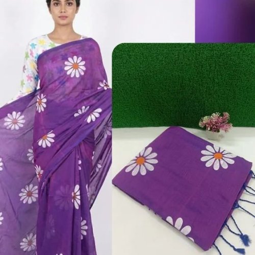 Purple Premium Quality Pure Khadi Cotton Printed Saree