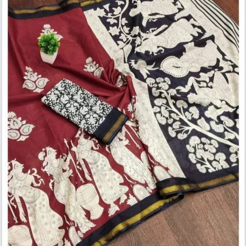 Red and Black Mangalagiri Cotton Printed Saree