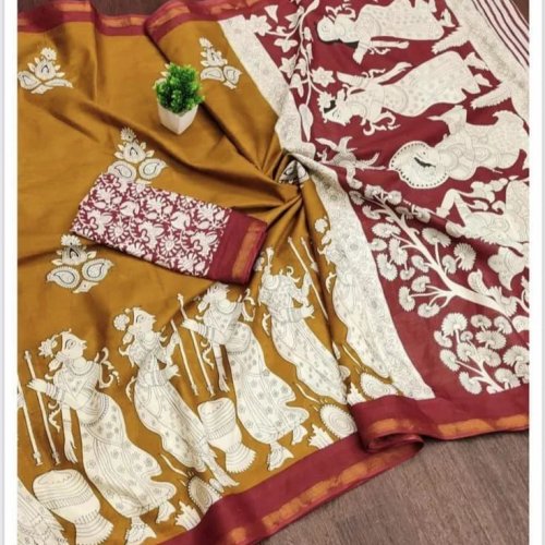 Red and Yellow Mangalagiri Cotton Printed Saree