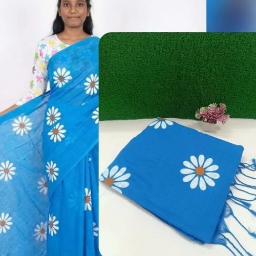 Sky Blue Pure Khadi Cotton Printed Saree