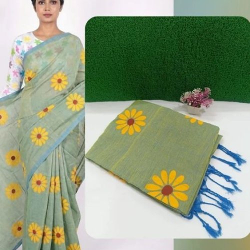 Yellow Flower Printed Pure Khadi Cotton Saree
