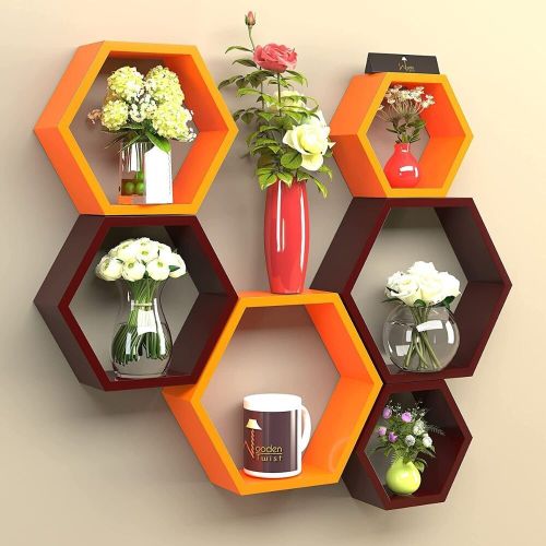 Hexagon Shape Wooden Intersecting Wall Shelves