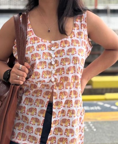 Brown Sleeveless Ladies Printed Kurti