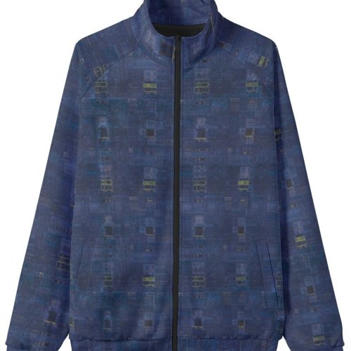 Mens Navy Cyan Digital Texture Stand Collar Jacket
