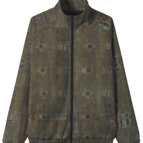 Mens Olive Green Abstract Grid Stand Collar Jacket