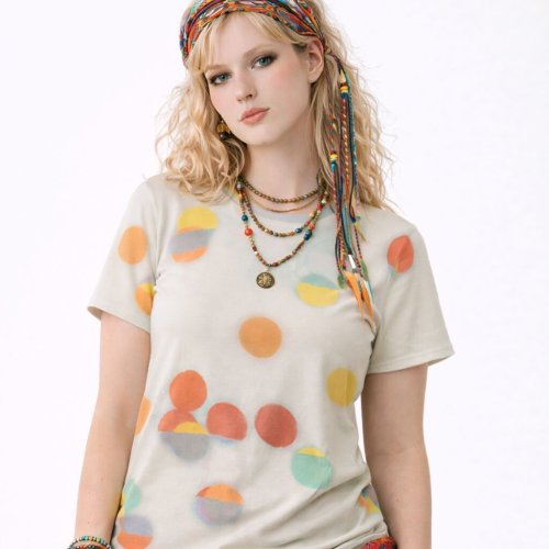 Womens Cream Orange Polka Dot Print Cotton T-Shirt Womens Cream Orange Polka Dot Print Cotton T-Shirt