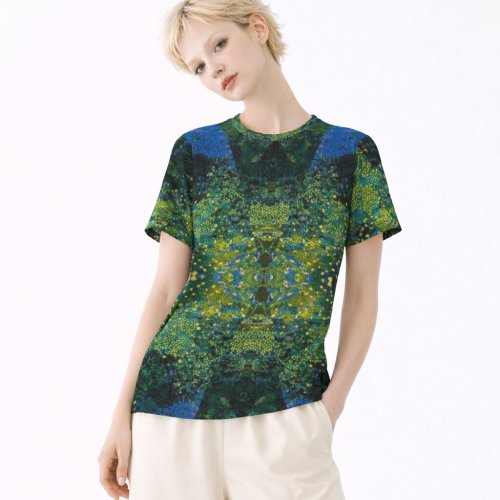 Womens Green Blue Abstract Mosaic Stipple Cotton T-Shirt Womens Green Blue Abstract Mosaic Stipple Cotton T-Shirt