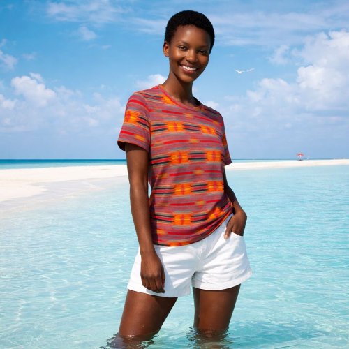 Womens Maroon Orange Geometric Serape Cotton T-Shirt Womens Maroon Orange Geometric Serape Cotton T-Shirt