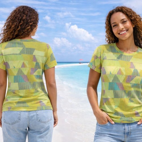 Womens Olive Green Chartreuse Geometric Triangle Texture Cotton T-Shirt Womens Olive Green Chartreuse Geometric Triangle Texture Cotton T-Shirt