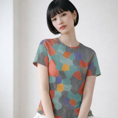 Womens Orange Teal Geometric Striped Pattern Cotton T-Shirt Womens Orange Teal Geometric Striped Pattern Cotton T-Shirt
