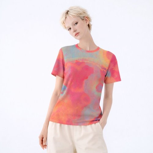 Womens Pink Orange Abstract Oil Paint Texture Cotton T-Shirt