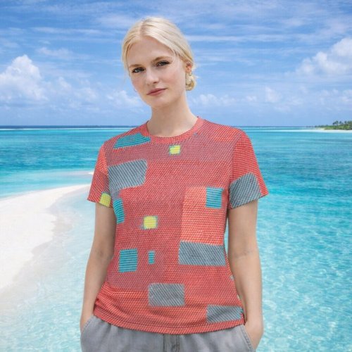Womens Pink Sky Blue Patchwork Cotton T-Shirt