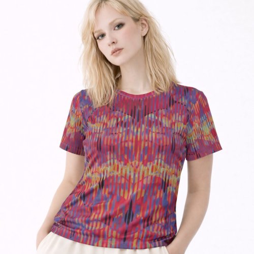 Womens Purple Red Geometric Glitch Pattern Cotton T-Shirt
