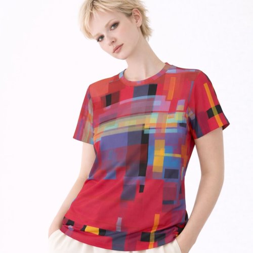 Womens Red Blue Geometric Print Cotton T-Shirt Womens Red Blue Geometric Print Cotton T-Shirt