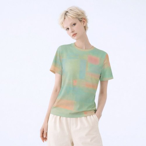 Womens Teal Apricot Abstract Cotton T-Shirt