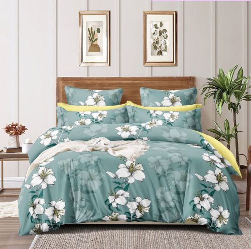 Large Floral Teal Double Bed Cotton Bedsheet Set