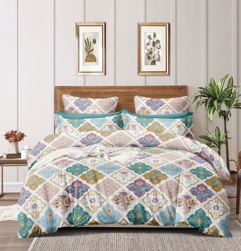 Tile Floral Multicolor Double Bed Cotton Bedsheet Set