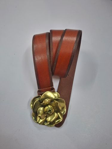 Golden Rose Design Buckle Mens Brown Leather Belt