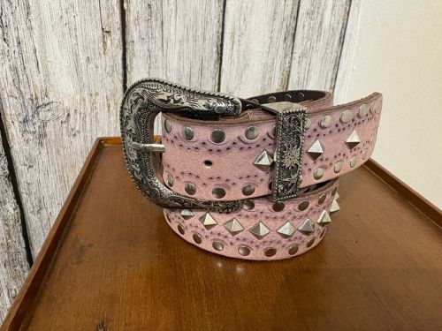Mens Studded Pink Leather Belt
