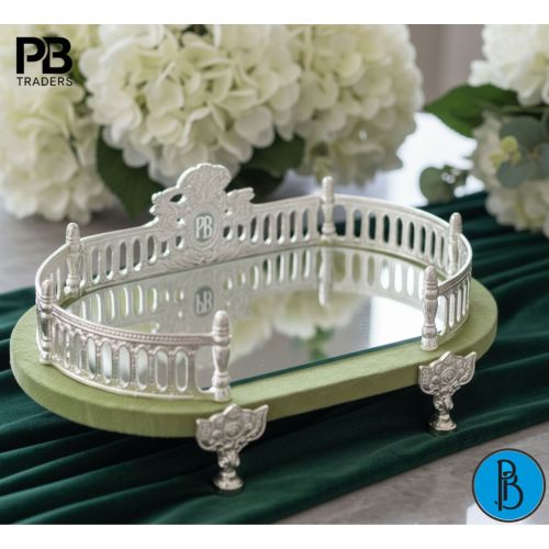 Royal Oval Singhasan Mirror Tray &Ndash; Silver Finish