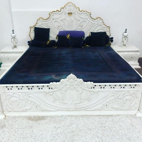 Handcrafted White Marble King Size Bed