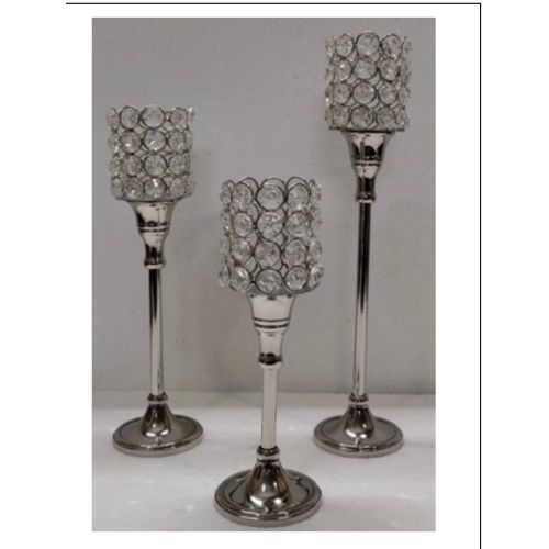 Crystal Beaded Silver Pedestal Candle Holder