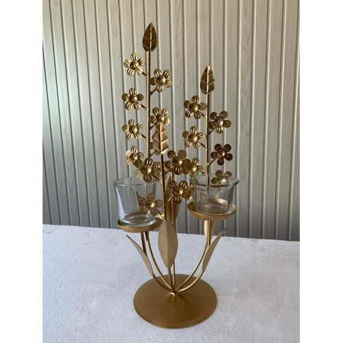 Golden Flower Design Metal Tea Light Candle Holder