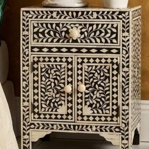 Handcrafted Floral Bone Inlay Bedside Table