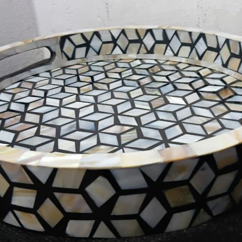 Handcrafted Geometric Mother of Pearl Round Serving Tray