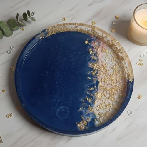 Handmade Navy Blue Round Resin Serving Tray