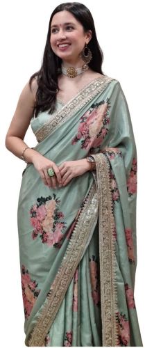 Ready to Wear Sage Green Floral Chinon Silk Saree