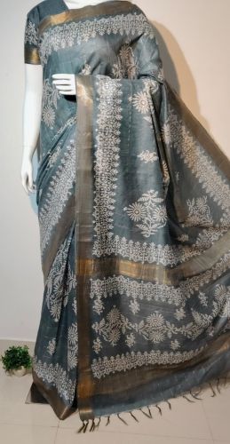 Ladies Semi Tussar Silk Mangalagiri Block Print Saree
